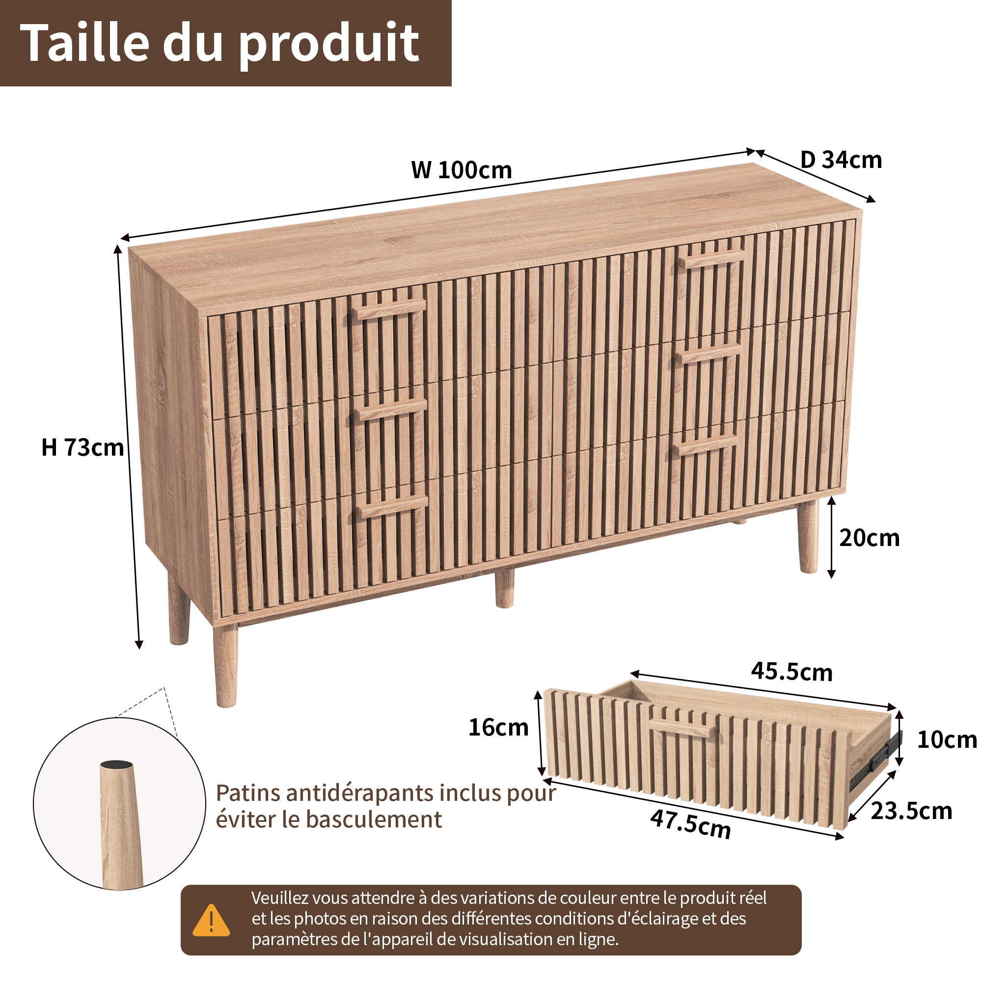 Commode 6 tiroirs en bois effet chêne avec design moderne
